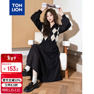 唐獅（TonLion）2024黑色v領(lǐng)拼接格紋連衣裙女復古針織格子裙氣質(zhì)長(cháng)裙 黑色 M 