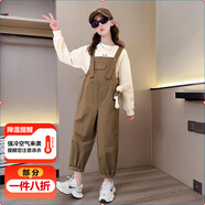 招晴瑜兒童背帶褲女童長(cháng)款褲子9-12歲中大童女孩中小學(xué)生吊帶牛仔褲套裝 卡其色背帶褲 160