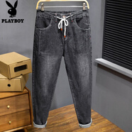 花花公子牛仔褲男士秋冬彈力大碼寬松休閑加肥加大高腰男褲休閑加絨長(cháng)褲男 黑灰色 不加絨 【BD-505】 L 30 【建議120-130斤】