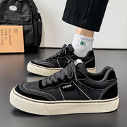 鴻星品牌帆布鞋男款2025秋季新款潮流百搭透氣休閑鞋厚底增高開(kāi)車(chē)高端板 黑色紅星鴻星爾克 39