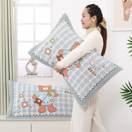 詠幻純棉枕巾加厚全棉紗布情侶枕頭巾一對裝成人加大四季單人枕芯蓋巾 藍格小熊枕巾1對