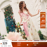 兩三事兩三事梵高文藝 花嶼捕夢(mèng) 2025夏季新款拼布印花荷葉邊吊帶連衣裙 粉色-y M