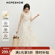 紅袖甜美氣質(zhì)連衣裙2025夏季新款女裝波嬉風(fēng)鏤空蕾絲繡花荷葉邊無(wú)袖裙 米白004 L