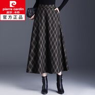 皮爾卡丹（pierre cardin）格子毛呢半身裙秋冬女2026新款高腰裙中長(cháng)款韓版帶口袋A字裙女裝 咖格 L 33 2尺6建議150-162斤