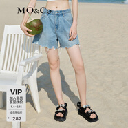 MO&Co.牛仔短褲棉質(zhì)洗磨褪色個(gè)性剪邊直筒休閑褲淺藍色摩安珂 牛仔淺藍色-第2批 S 26