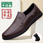 木林森（MULINSEN）皮鞋男真皮頭層牛皮商務(wù)休閑鞋秋冬季加絨透氣爸爸鞋一腳蹬豆豆鞋 DY-QLH58338暗棕色 39