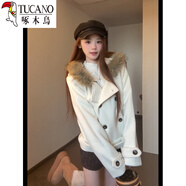 啄木鳥(niǎo)（TUCANO）韓系復古雙排扣短款毛呢大衣女冬季加厚保暖巨好看的收腰呢子外套 淺米色 L