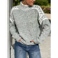 歐美新款女士高領(lǐng)毛衣時(shí)尚休閑風(fēng)設計感花紋寬松套頭針織衫 灰色 S