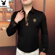 花花公子（PLAYBOY）加絨加厚假兩件衛衣男青年潮牌歐貨百搭體恤打底衫痞帥保暖上衣服 S1102黑色 M 120斤內