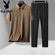 花花公子短袖T恤男夏季休閑套裝翻領(lǐng)polo體恤衫半袖上衣服男士褲子兩件裝 8657卡其色短袖+長(cháng)褲 M 約100-120斤