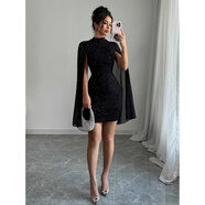 歐美女士連衣裙印花高領(lǐng)燈籠袖緊身性感辣妹包臀裙 黑色（現貨） M