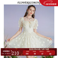 flowerscoming花兒開(kāi)了2024夏季新款法式提花網(wǎng)紗刺繡連衣裙女收腰顯瘦公主裙 杏金色 L