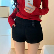 圣羅地奧毛呢短褲秋冬灰色毛呢短褲女冬季2025顯瘦韓版中高腰緊身包臀呢子 黑色 XL