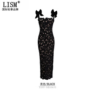 LISM設計師國際輕奢品牌顯身材優(yōu)雅黑色天鵝絨迷人派對蕾絲超長(cháng)連衣裙 黑色 XS