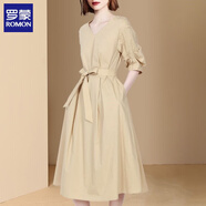 羅蒙（ROMON）2025夏季新款韓版V領(lǐng)五分袖收腰系帶連衣裙法式時(shí)尚高腰連衣裙女 杏色 L 建議105-115斤