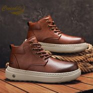 鱷魚(yú)恤馬丁靴男冬季加絨棉鞋中幫英倫風(fēng)皮靴耐磨防滑防寒真皮男靴雪地靴 酒紅【單鞋款】 38