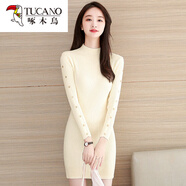 啄木鳥(niǎo)（TUCANO）加厚毛衣裙女中長(cháng)款秋冬新款半高領(lǐng)針織連衣裙修身顯瘦打底包臀裙 杏色 L