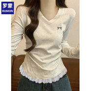羅蒙（ROMON）韓系漂亮v領(lǐng)掐腰上衣女2026早秋新款獨特巨好看的修身長(cháng)袖t恤 白灰色-2號蝴蝶結 2XL 建議125-135斤穿