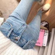 洋氣淺藍色加絨保暖時(shí)尚高腰雙排扣九分褲女韓國修身小腳褲 淺藍色單款 S S建議80-95斤