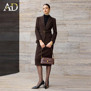 AD韓版氣質(zhì)西裝套裝女高智感毛呢闊腿褲兩件套羊毛正裝黑色職業(yè)裝 棕色西裝套裙 L