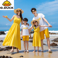 G.duck親子裝夏季一家三四口家裝海邊度假母女波西米亞沙灘雪紡連衣裙 黃色 100 男寶套裝