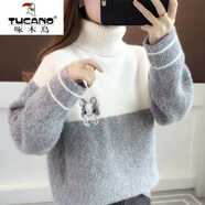 啄木鳥(niǎo)（TUCANO）加絨加厚仿水貂絨毛衣女高領(lǐng)寬松套頭長(cháng)袖學(xué)生秋冬打底針織衫女外 花紫色 S