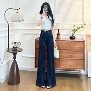 小紅書(shū)爆款加絨不貼腿喇叭牛仔褲女秋冬季2025新款寬松獨特爆款高 黑金藍長(cháng)褲[腰帶][單褲] XS7086斤左右 均碼