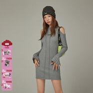 CHUU鏤空露肩連衣裙女2026春冬季新款坑條木耳邊喇叭袖針織短裙子 灰色 均碼