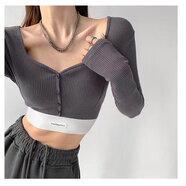 歐美風(fēng)格性感緊身修身短款高腰露臍長(cháng)袖t恤性感夏裝女式底褲襯衫 深灰色 長(cháng)袖 S
