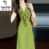 啄木鳥(niǎo)（TUCANO）綠色碎花v領(lǐng)掛脖連衣裙女夏2025茶歇法式純欲風(fēng)荷葉邊包臀長(cháng)裙 【綠色】春日賞花穿搭/女裝/連衣 S