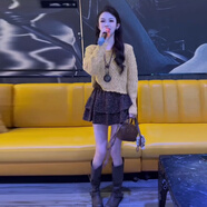 小紅書(shū)爆款小個(gè)子早秋一整套2025新款慵懶風(fēng)軟糯針織毛衣豹紋蛋糕 黃色針織衫＋深咖色豹紋短裙兩件 S (建議80~100斤)