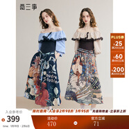 兩三事暮色詩(shī)行 2025夏季新款復古一字肩露肩條紋印花泡泡袖連衣裙 藍色 S