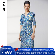 藍地（LANDI）商場(chǎng)同款夏季新款腰部抽褶碎花印花短袖連衣裙女 淺藍色 S