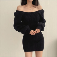 TAFN韓版方領(lǐng)泡泡袖領(lǐng)性感修身收腰毛衣裙年會(huì )宴會(huì )前后U型約會(huì )連衣裙 黑色 均碼