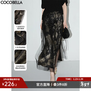 COCOBELLA[浮金碎影]新中式燙金網(wǎng)紗半身裙夏開(kāi)叉長(cháng)裙HS0028 黑金 M
