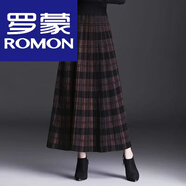 羅蒙（ROMON）格子針織大擺裙中長(cháng)款高腰a字半身裙秋冬加厚百褶裙垂墜感長(cháng)裙 加厚 咖色【款】 S 70-85斤