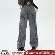 UNIFREE【明星同款】灰色牛仔褲水洗做舊美式復古工裝褲多口袋直筒長(cháng)褲 深灰色 1 L