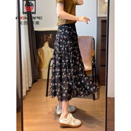 AEMAPE日系小清新褶皺高腰碎花半身裙女A字傘裙溫柔顯瘦遮跨2025夏新款 橘色碎花 均碼 -90-145斤