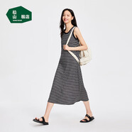 松山棉店二合一薄荷條紋女士帶杯背心裙無(wú)袖長(cháng)款顯瘦睡裙休閑寬松黑白條L