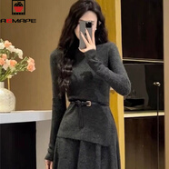 AEMAPE韓系茶系穿搭連衣裙女2025秋冬季新款小個(gè)子法式高級感套裝長(cháng)裙子 灰色 L 110-125斤