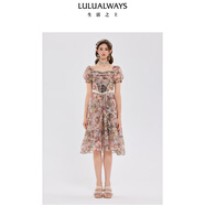 LULUALWAYS我愛(ài)露露25夏季新款法式溫婉氣質(zhì)歐根紗蕾絲花邊連衣裙宴會(huì )晚禮服 粉色 L