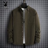 花花公子（PLAYBOY）男士純棉襯衫春秋季新款寬松休閑燈芯絨長(cháng)袖襯衣外套條紋上衣潮男 深棕色 【純棉】 42