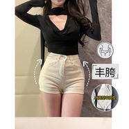 李李服飾加絨豐胯牛仔短褲女24冬季新款韓版高腰顯瘦性感純欲熱褲 米白色-單褲 L L106-115斤