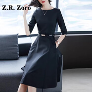 Z.R.Zoro輕奢品牌連衣裙女2026春季新款純色一字領(lǐng)配大衣氣質(zhì)百搭連衣裙女 黑色 七分袖 M
