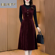 夏典素訂女王（SE.PSTP）高端氣質(zhì)優(yōu)雅收腰顯瘦假兩件套連衣裙2025新款減齡長(cháng)袖裙子秋季女 紫紅色高端大氣時(shí)尚媽媽減齡遮肉大碼胖mm小個(gè)子洋氣時(shí) L (建議100-115斤)