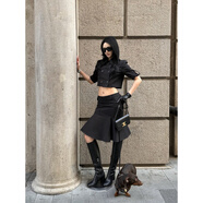 芳履遇【年貨節折扣  01/25 00:00】黑色高領(lǐng)雙排扣中袖短款外套 黑色半裙 S