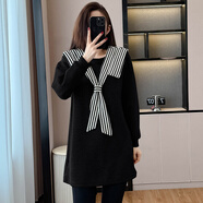 韓系設計感條紋披肩衛衣裙女2026新款休閑大碼顯瘦百搭中長(cháng)款上衣 黑色 M