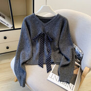 ?？|竺法式感V領(lǐng)絲巾領(lǐng)帶針織衫女秋冬季獨特別致短款顯瘦套頭毛衣 深灰【氣質(zhì)上衣/溫柔系/歐美/設計感小眾/甜美/潮流/搭 L 【上衣/小個(gè)子/顯瘦/小眾/洋氣 設計感/氣質(zhì)/溫柔風(fēng)/