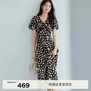 伊芙麗（eifini）蔣欣代言花邊嵌邊裝飾A擺肌理底布碎花連衣裙女2025新款裙子 水墨黑 M 105-115斤