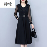 秒牧感西裝領(lǐng)長(cháng)袖連衣裙春夏時(shí)尚氣質(zhì)收腰顯瘦中長(cháng)裙子女春秋新款 黑色 長(cháng)袖 L 90-115斤